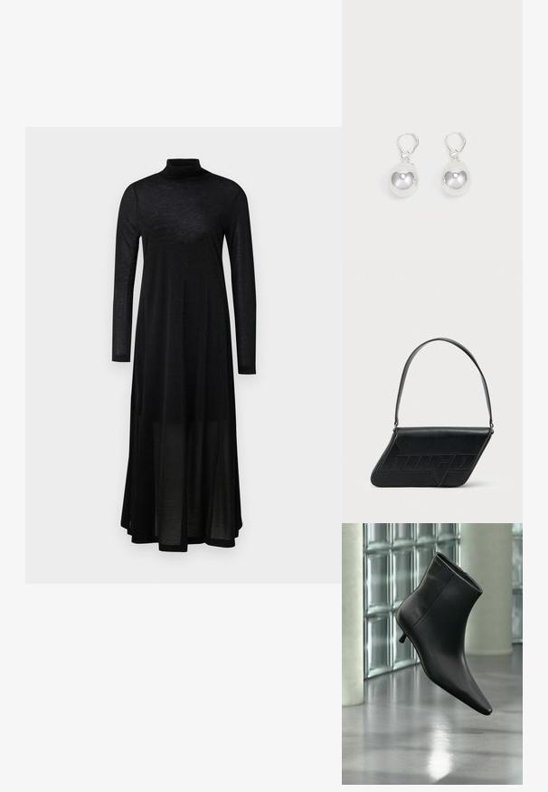 Schwarzes langärmeliges Kleid mit hohem Kragen und einem fließenden, transparenten Rock. Hergestellt aus leichtem, strukturiertem Stoff mit einem taillierten Oberteil.; Schwarzer Leder-Stiefelette mit spitzer Zehenpartie und niedrigem Kitten-Heel, schräg dargestellt vor einem polierten Boden und einer Glasbausteinwand.; Schwarze Leder-Umhängetasche mit dreieckiger Form, geprägt mit Logo und einem einzigen verstellbaren Riemen. Minimalistisches Design mit glatter Textur.; Silberne Tropfenohrringe mit glatten, runden, reflektierenden Oberflächen, die an Hakenverschlüssen hängen. Der Hintergrund ist reinweiß.