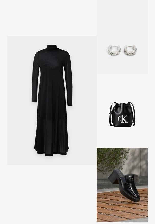 Robe noire à manches longues avec un col montant et une jupe fluide et transparente. Confectionnée dans un tissu léger et texturé avec un haut ajusté.; Mule slip-on en cuir noir Calvin Klein avec talon bloc reposant sur des carreaux en bois à l'extérieur près d'une plante verte et d'un mur gris.; Sac seau en cuir noir avec cordon de serrage en haut et logo blanc "cK" sur le devant, doté d’une bandoulière réglable.; Guess STYLISH - Boucles d'oreilles - silver-coloured