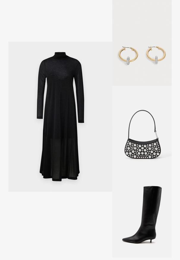 Schwarzes langärmeliges Kleid mit hohem Kragen und einem fließenden, transparenten Rock. Hergestellt aus leichtem, strukturiertem Stoff mit einem taillierten Oberteil.; Schwarzer kniehoher Lederstiefel mit spitz zulaufender Schuhspitze und niedrigem Kittenabsatz vor einem schlichten hellen Hintergrund.; Schwarze Lederhandtasche mit geschwungener Form, verziert mit silbernen Nieten in verschiedenen Größen und einem kurzen Tragegurt. "HUGO"-Logo auf der Vorderseite aufgedruckt.; Paar goldfarbene Creolen mit kleinem silberfarbenem Schlaufen-Detail an jeder, vor hellem grauem Hintergrund präsentiert.