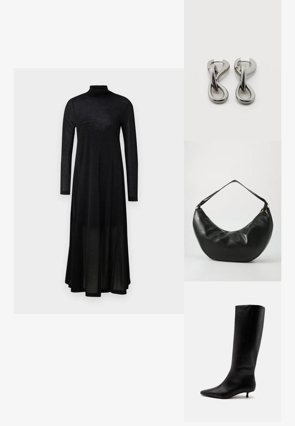 Schwarzes langärmeliges Kleid mit hohem Kragen und einem fließenden, transparenten Rock. Hergestellt aus leichtem, strukturiertem Stoff mit einem taillierten Oberteil.; Schwarzer kniehoher Lederstiefel mit spitz zulaufender Schuhspitze und niedrigem Kittenabsatz vor einem schlichten hellen Hintergrund.; Schwarze Leder-Schultertasche mit geschwungener Form, weicher Textur und einem einzelnen Riemen; verfügt über einen goldenen Reißverschluss und dezente Markenkennzeichnung.; Paar silberfarbene Metallohrringe mit abstraktem ineinandergreifendem Schlaufen-Design auf weißem Hintergrund.