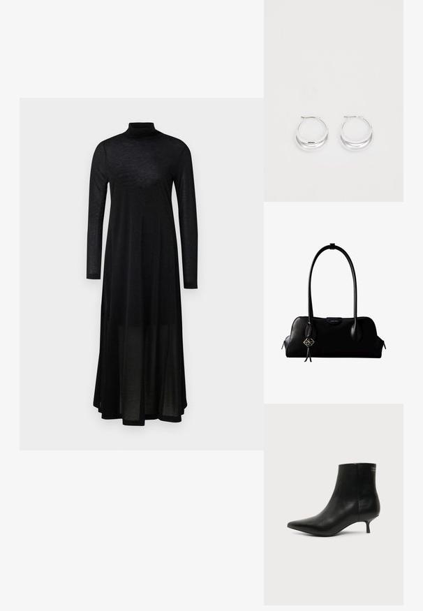 Schwarzes langärmeliges Kleid mit hohem Kragen und einem fließenden, transparenten Rock. Hergestellt aus leichtem, strukturiertem Stoff mit einem taillierten Oberteil.; Schwarzer Leder-Knöchel-Stiefel mit spitzer Spitze und niedrigem Kittenabsatz vor hellem Hintergrund, seitliche Ansicht.; Schwarze Lederhandtasche von Calvin Klein mit langen Henkeln, einem vorderen Logo-Tag und einem silbernen geometrischen Anhänger, der an einem Henkel hängt.; Silberne Creolen mit glänzender Oberfläche und DKNY-Logo, vor einem schlichten weißen Hintergrund präsentiert.