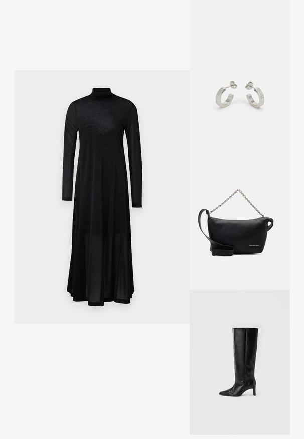 Schwarzes langärmeliges Kleid mit hohem Kragen und einem fließenden, transparenten Rock. Hergestellt aus leichtem, strukturiertem Stoff mit einem taillierten Oberteil.; Schwarze kniehohe Stiefel aus glattem Leder, mit spitzer Zehenpartie und schlankem Absatz, ausgestattet mit einem anliegenden Schaft und minimalistischem Design.; Calvin Klein Jeans SCULPTED ROUND CHAIN - Umhängetasche - black; Silberne Metall-Hoops mit strukturiertem Design, ausgestattet mit einem kleinen Steckverschluss und Branding an einem Hoop. Abgerundete Form mit glänzender Oberfläche.