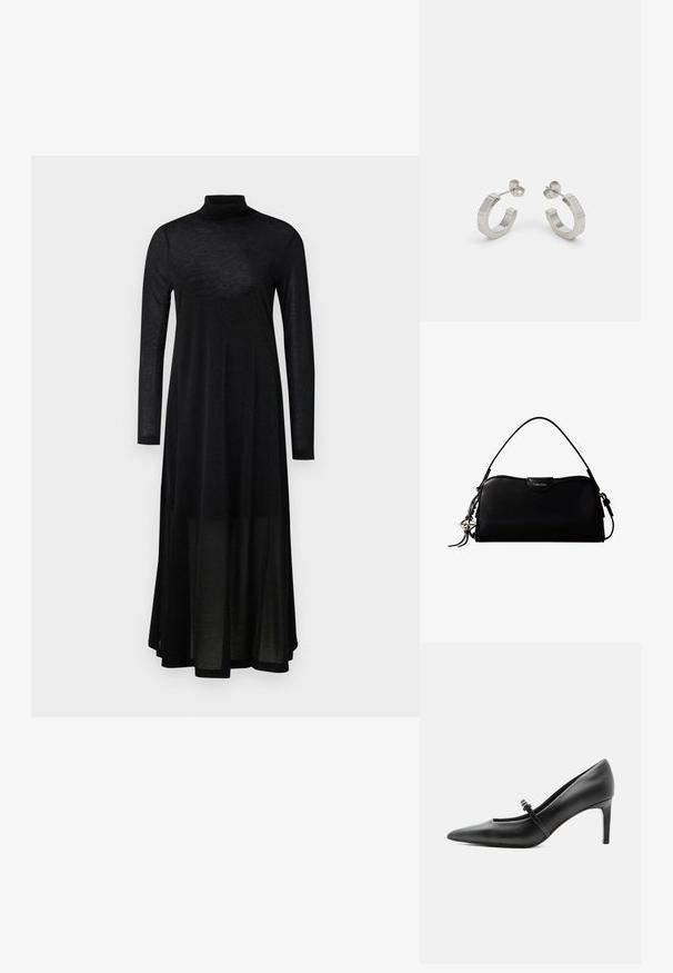 Schwarzes langärmeliges Kleid mit hohem Kragen und einem fließenden, transparenten Rock. Hergestellt aus leichtem, strukturiertem Stoff mit einem taillierten Oberteil.; Schwarzer Leder-Pumps mit spitzer Zehenpartie, dünnem Riemen und Schnalle über dem Spann, stehend auf hellem neutralem Hintergrund.; Schwarze, rechteckige Calvin Klein Handtasche mit einem einzelnen Tragegriff oben, silbernem Logo-Anhänger und kleinem Klappverschluss auf der Vorderseite.; Silberne Metall-Hoops mit strukturiertem Design, ausgestattet mit einem kleinen Steckverschluss und Branding an einem Hoop. Abgerundete Form mit glänzender Oberfläche.