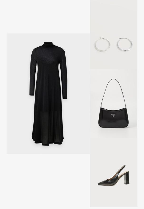 Robe noire à manches longues avec un col montant et une jupe fluide et transparente. Confectionnée dans un tissu léger et texturé avec un haut ajusté.; Chaussure slingback en cuir noir à bout pointu avec un talon bloc haut et une doublure intérieure beige sur un fond clair uni.; Sac à épaule en cuir verni noir avec une forme incurvée, présentant un logo triangle en argent et une fermeture éclair. Texture lisse et bandoulière fine.; Boucles d’oreilles créoles en métal argenté avec une surface lisse légèrement incurvée et des fermoirs à clapet sur un fond blanc uni.