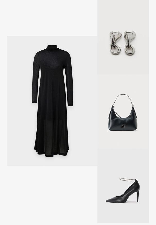 Robe noire à manches longues avec un col montant et une jupe fluide et transparente. Confectionnée dans un tissu léger et texturé avec un haut ajusté.; Escarpin noir en cuir avec un bout pointu, doté d'une fine bride de cheville en chaîne argentée et d'une texture lisse et élégante.; Sac à épaule en cuir noir avec une seule poignée, fermeture éclair et un petit logo carré en argent à l'avant.; Paire de boucles d'oreilles en métal argenté avec un motif abstrait d'anneaux entrelacés sur fond blanc.