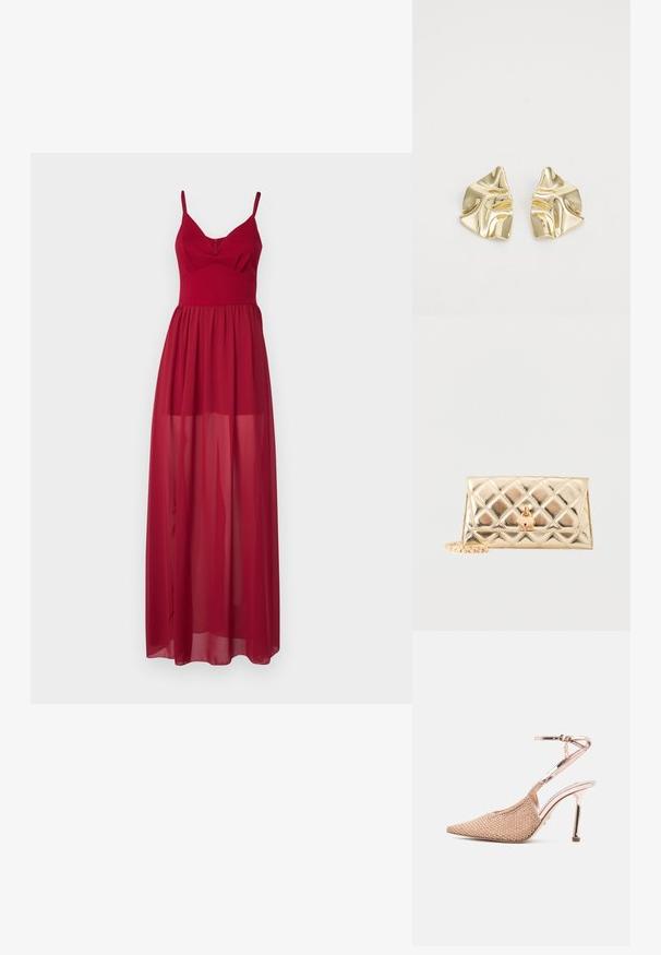 WAL G TALL RAYA - Kokteilikleit/peokleit - cherry red; Halli värvusega terava ninaga kõrgete kontsadega king, millel on punutud tekstuur, õhuke metallist pahkluu rihm ja stiletto konts valgel taustal.; Kuldse metallilise viimistlusega tikandiga kandekott südamekujuline luku ja külge kinnitatud kuldse kettaga valgel taustal.; Kuldsetest metallist kõrvarõngad lainelise disainiga; sile, peegeldav pind; asümmeetriline kuju; nähtavad mustrid või kinnitused puuduvad.