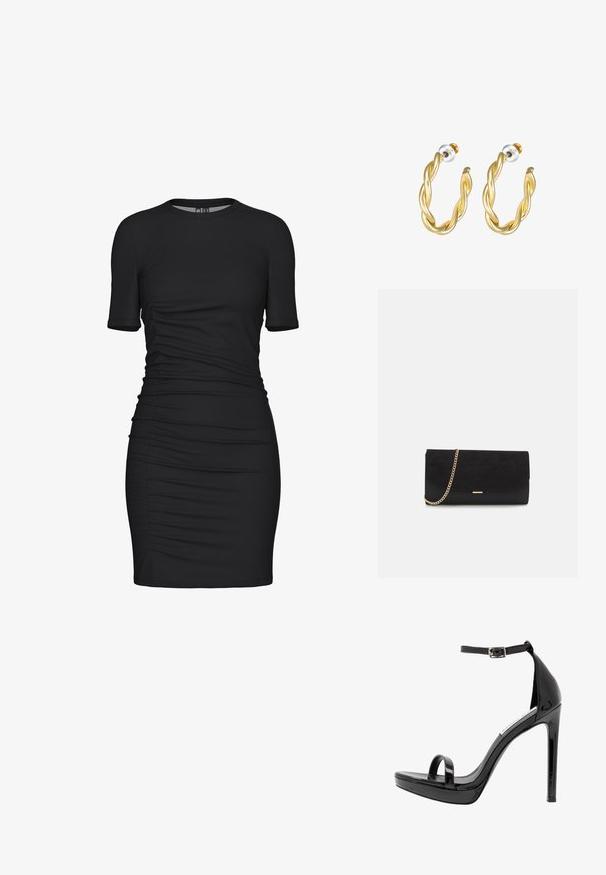 Čierne bodycon šaty vyrobené z elastického materiálu, s krátkymi rukávmi, okrúhlym výstrihom a riasenými detailmi po stranách pre textúru.; Steve Madden MILANO - Sandále na vysokom opätku - black; Čierna spojka zamszová kabelka s štruktúrovaným povrchom, vybavená zlatým reťazovým ramienkom a štýlovým, ostrým dizajnom.; Zlaté skrútené náušnice s hladkým povrchom, ktoré majú priehľadný podklad a zlatý hardware.