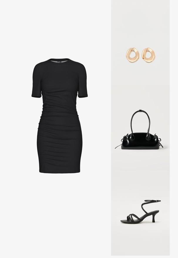 Μαύρο φόρεμα bodycon κατασκευασμένο από ελαστικό ύφασμα, με κοντά μανίκια, στρογγυλή λαιμόκοψη και ραφές στο πλάι για υφή.; Even&Odd Wide Fit Σανδάλια - black; Μικρή μαύρη γυαλιστερή τσάντα με δύο μακριές λαβές και λεπτομέρειες με ρυθμιζόμενο κορδόνι στο πλάι σε απλό ανοιχτό φόντο.; Ζευγάρι σκουλαρικιών κρίκος από μέταλλο σε χρυσή απόχρωση με γυαλιστερό φινίρισμα και ακανόνιστο σχήμα, με ανοιχτό κέντρο, σε λευκό απλό φόντο.