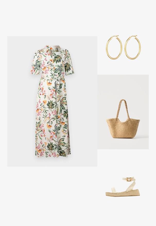 Blomster midi-kjole med korte ærmer, knaplukning fortil og taljebælte. Har en hvid baggrund med flerfarvede blomster og grønne blade.; South Beach TWO PART - Espadrilles - cream; Vævet stråtaske med bred bund, flettede håndtag og naturlig beige farve på ensfarvet hvid baggrund.; Guldøreringe med en poleret finish, featuring en glat overflade og et sikkert låsemekanisme. Rund form, mellemstørrelse.