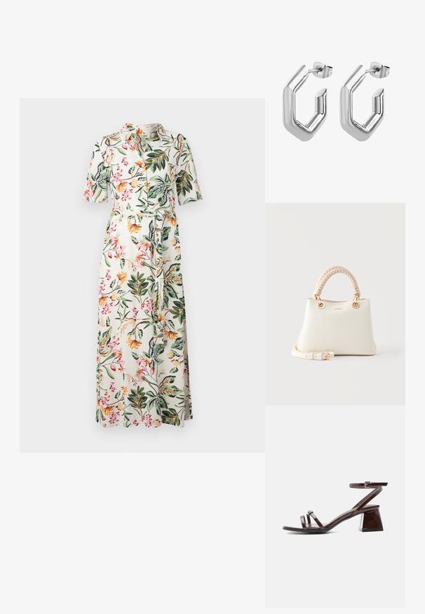 Bloemen midi-jurk met korte mouwen, knoopsluiting aan de voorkant en tailleband. Heeft een witte achtergrond met kleurrijke bloemen en groene bladeren.; Donkerbruine sandalen van lakleer met blokhak, enkelriem met gesp en twee dunne bandjes over de tenen op witte achtergrond.; Crèmekleurige leren handtas met gevlochten bovenhandvat, gouden metalen ringen, een afneembare band en subtiel logo op het midden vooraan.; Zilveren hangers in de vorm van hoops met een geometrisch, hoekig ontwerp. Gepolijste metalen afwerking, met een unieke open segment en een veilige achterkant.