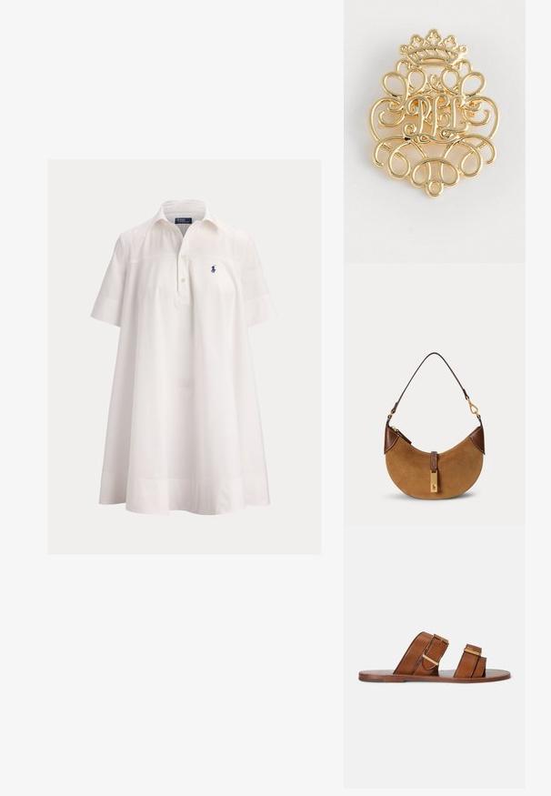 White short-sleeve polo dress with a collar, buttoned placket, and small navy blue embroidered logo on left chest.; Brown leather slide sandals with two adjustable straps, gold-tone buckles, and a flat wooden sole.; Brown suede crescent handbag with dark brown leather accents, gold-tone hardware, and a short shoulder strap.; Gold metal brooch featuring intricate scrollwork and a crown motif at the top, with “PL” initials prominently displayed in the center.