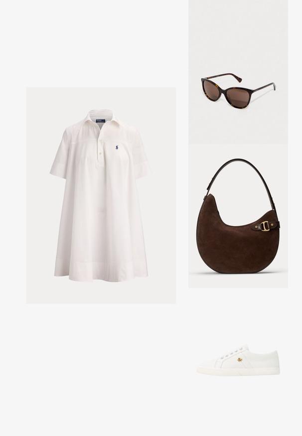 White short-sleeve polo dress with a collar, buttoned placket, and small navy blue embroidered logo on left chest.; Lauren Ralph Lauren JANSON II CANVAS SNEAKER - Trainers - optic white; Brown-tinted sunglasses with a tortoiseshell frame, featuring curved cat-eye design and subtle gold accents on the temples.; Brown suede crescent-shaped handbag with dark leather adjustable strap and gold-tone buckle detail on a plain background.
