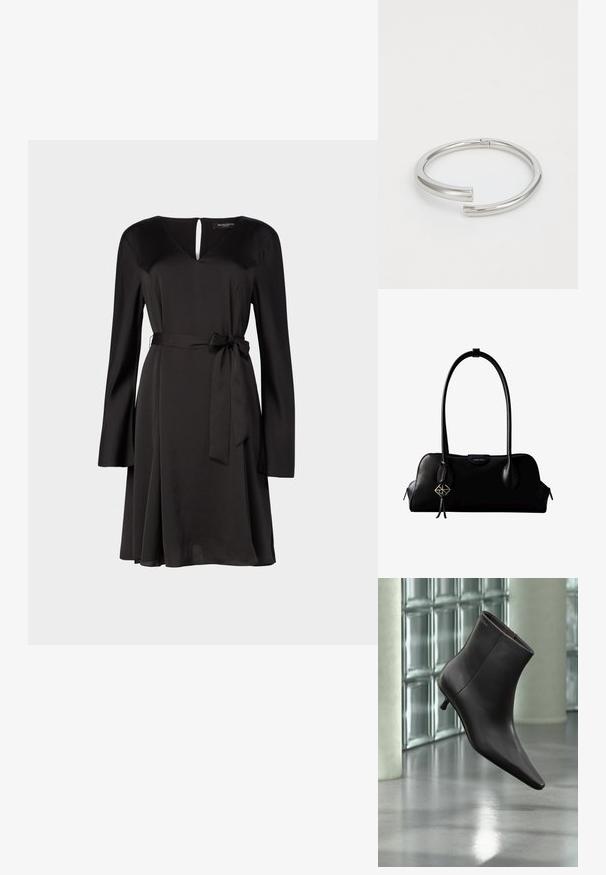 Robe noire à manches longues, décolleté en V et détail en forme de clé. Dotée d'une ceinture nouée à la taille et d'une jupe fluide. Tissu lisse.; Bottine en cuir noir avec bout pointu et petit talon, présentée devant un mur en blocs de verre et un sol poli.; Sac à main en cuir noir Calvin Klein avec de longues anses, une étiquette logo à l'avant et un charme géométrique argenté suspendu à une anse.; Calvin Klein SPIRAL - Bracelet - silver-coloured