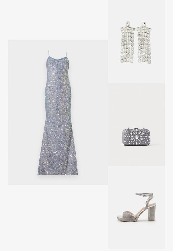 Robe de soirée bleu clair en sequins avec une silhouette ajustée, des fines bretelles et un ourlet en forme de sirène, arborant des accents réfléchissants multicolores.; Sandales à talons hauts en argent avec un bout ouvert, ornées de strass étincelants et d'un large talon bloc. Bride ajustable pour la cheville incluse.; Petit sac pochette rectangulaire gris foncé orné de strass clairs disposés en motif rayonnant, avec une bandoulière chaîne argentée.; Boucles d'oreilles en cristal avec des accents en métal argenté, ornées de plusieurs pierres taillées en rectangles et carrés disposées en rangées en cascade.