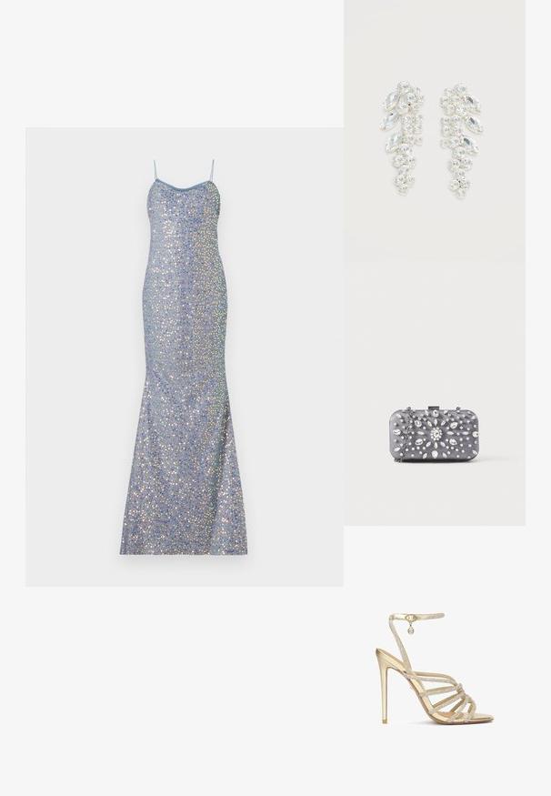 Hellblaues Pailletten-Abendkleid mit figurbetontem Schnitt, dünnen Trägern und einem Meerjungfrau-Saum, das mehrfarbige reflektierende Akzente aufweist.; Goldene High-Heelsandalen mit mehreren mit Kristallen verzierten Riemen und einem Knöchelriemen, die eine glatte metallische Oberfläche und eine spitze Zehenform aufweisen.; Kleine rechteckige dunkelgraue Clutch, verziert mit klaren Strasssteinen in einem strahlenförmigen Muster und einem silbernen Kettenriemen.; Paar silberfarbene Ohrringe mit gruppierten klar facettierten Kristallen in runden und Marquise-Formen auf weißem Hintergrund.