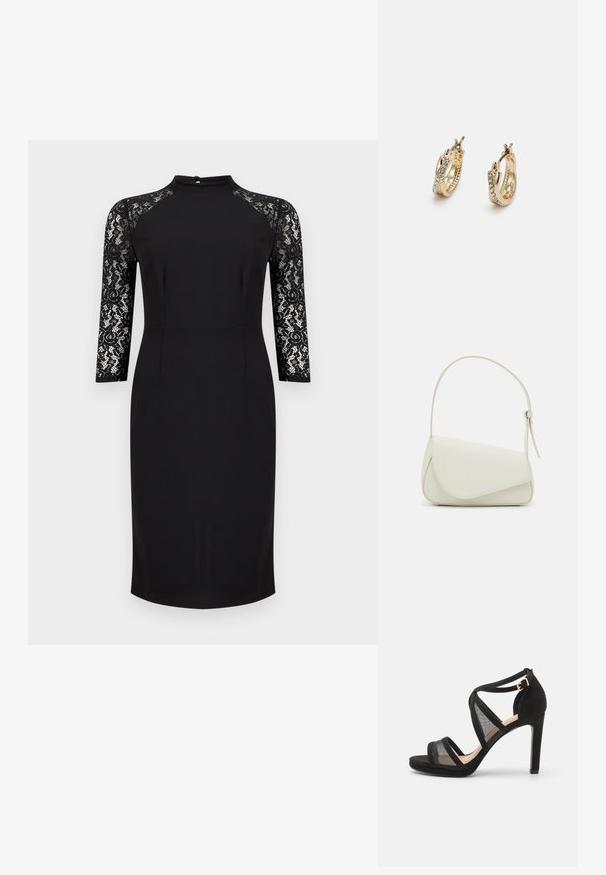 Robe noire mi-longue aux genoux avec manches trois-quarts en dentelle et petite fermeture à bouton au dos au niveau de l'encolure.; Sandale noire à talons hauts, avec une combinaison de daim doux et de panneaux en maille, dotée de brides croisées et d'une boucle à la cheville.; Sac à main en cuir synthétique blanc avec une forme triangulaire structurée, une bandoulière unique réglable et un rabat à courbes accentuées.; Lauren Ralph Lauren TWISTED ROPE PAVE HOOP - Boucles d'oreilles - gold-coloured