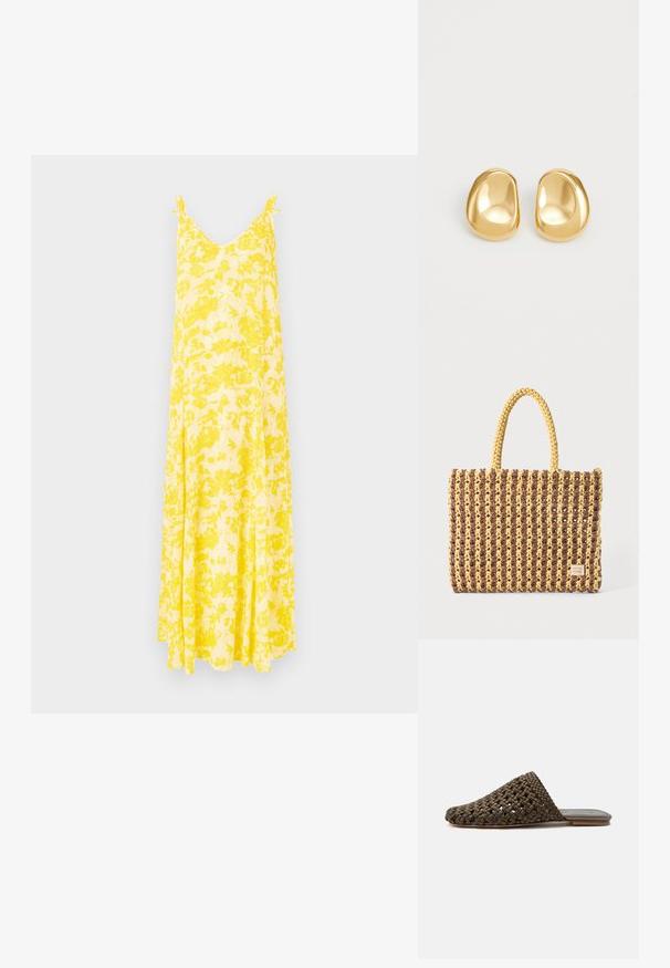 Robe maxi florale jaune avec un décolleté en V et des bretelles fines, offrant une silhouette fluide et un tissu léger, idéale pour les temps chauds.; Mule tissée marron à enfiler avec une semelle plate et un bout fermé arrondi sur fond blanc.; Sac tissé marron et jaune, de forme rectangulaire, avec deux poignées, et une finition texturée avec des coutures visibles et une étiquette de marque.; Boucles d'oreilles en forme de clou de couleur or, avec une forme lisse et arrondie et une surface réfléchissante, mettant en avant un design minimaliste sans motifs visibles.