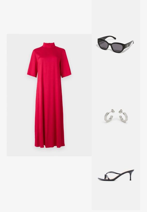 Vestido rojo hasta larodilla con un collar alto y mangas cortas. Hecho de una tela suave y ligera con una silueta suelta y fluida.; Sandalia de tacón de charol negro con tiras finas cruzadas y un tacón de aguja delgado de altura media, sobre un fondo blanco.; Gafas de sol negras con un diseño elegante y angular, lentes oscuros y un logo plateado en contraste en el lateral. Textura de plástico suave.; Pendientes aros de metal plateado con un diseño texturizado, que cuentan con un pequeño respaldo de clip y una marca en uno de los aros. Forma redondeada con un acabado pulido.