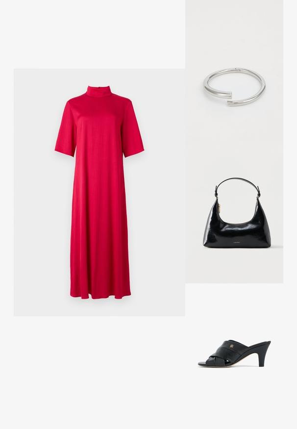 Vestido rojo hasta larodilla con un collar alto y mangas cortas. Hecho de una tela suave y ligera con una silueta suelta y fluida.; Mule de tacón abierto en piel negra con tiras cruzadas y un pequeño logo metálico en el lateral, tacón medio cónico, borde de suela beige.; Bolso negro brillante de Calvin Klein con cremallera dorada y correa corta sobre un fondo blanco liso.; Calvin Klein SPIRAL - Pulsera - silver-coloured