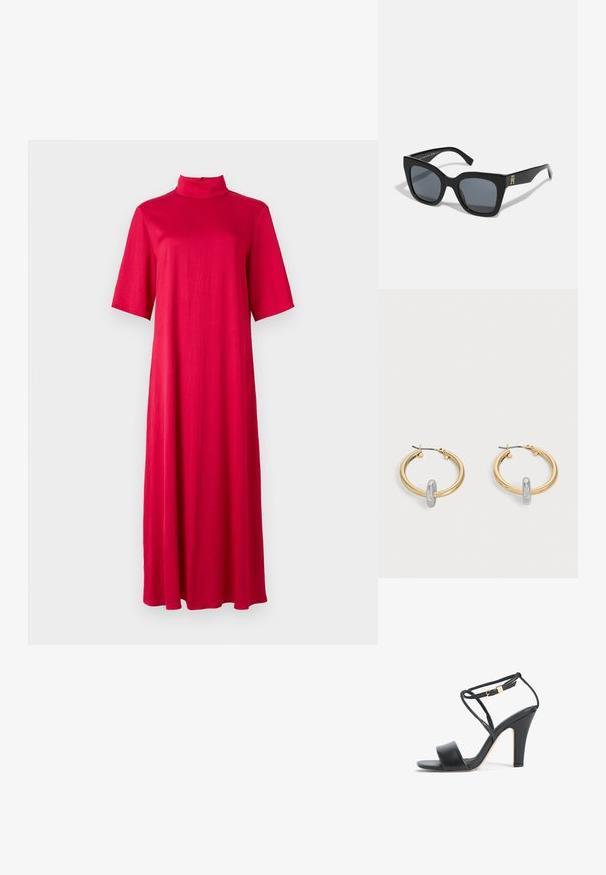 Vestido rojo hasta larodilla con un collar alto y mangas cortas. Hecho de una tela suave y ligera con una silueta suelta y fluida.; Sandalia de tacón alto negra con tira fina en el tobillo, hebilla dorada, punta abierta y tacón ancho, vista lateral sobre fondo blanco.; Gafas de sol negras con una forma cuadrada audaz, que cuentan con lentes oscuros y un acento de logo dorado en una de las varillas. Fabricadas en material plástico brillante.; Par de pendientes de aro en tono dorado con pequeño detalle de aro en tono plateado en cada uno, expuestos sobre un fondo gris claro.