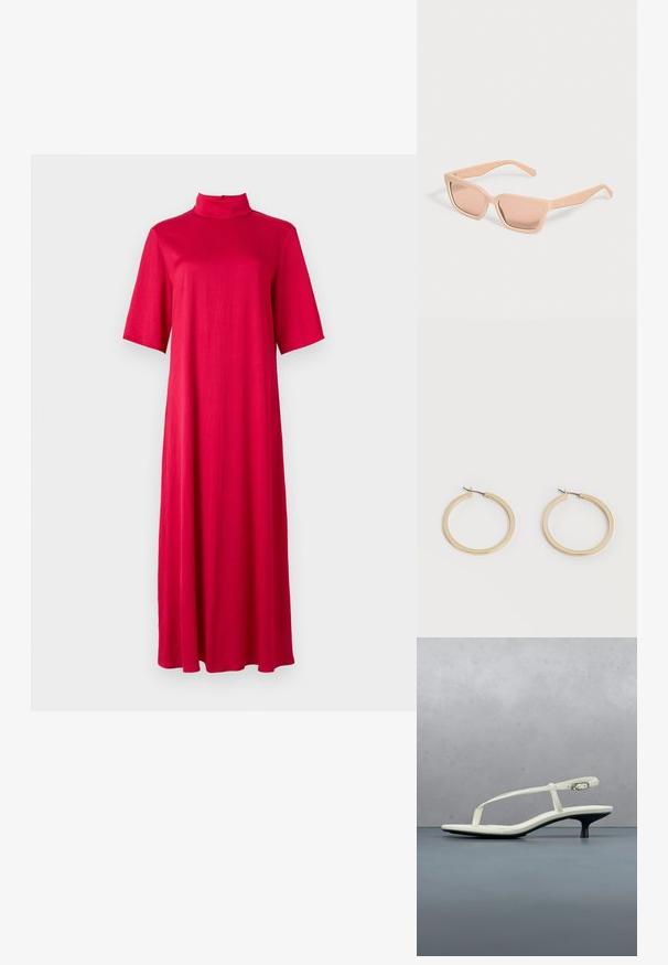 Vestido rojo hasta larodilla con un collar alto y mangas cortas. Hecho de una tela suave y ligera con una silueta suelta y fluida.; Sandalia blanca de tacón kitten con tiras y punta afilada, flotando sobre un suelo de baldosas de madera al aire libre, con un fondo desenfocado de plantas y pared.; Gafas de sol rectangulares color melocotón claro con montura gruesa y lentes tintadas a juego sobre un fondo claro y liso.; Par de pendientes de aro de tamaño mediano con tono dorado y cierre de bisagra sobre un fondo claro y liso.