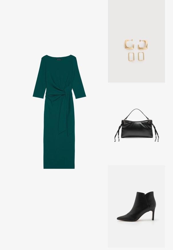 Teal langærmet kjole med rund halsudskæring, sammensamlet talje og bundet bælte detalje. Fremstillet af glat, strækbart stof.; Sorte læder ankelstøvler med spidse tæer, smal design og stiletthæl, der har en unik bølgeformet åbning ved anklen.; Sort lædertaske med en struktureret rektangulær form, et skulderhåndtag og bånd-lignende snørebånd på hver side til justerbar lukning.; To par guldfarvede geometriske hoop-øreringe på en ensfarvet hvid overflade, et par firkantede og solide, et par rektangulære og hule.