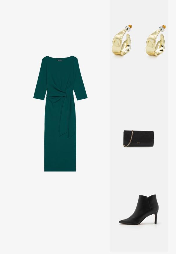 Teal lange mouw jurk met een ronde halslijn, geplooide taille en gestrikt riemdetail. Gemaakt van glad, rekbaar materiaal.; Zwarte leren enkellaarsjes met een puntige neus, taps toelopend ontwerp en een stilettohak, met een unieke geschulpte opening bij de enkel.; Zwarte clutch tas gemaakt van suede met een textuurafwerking, voorzien van een gouden schouderband en een strakke, hoekige vorm.; Goudkleurige oorbellen in de vorm van abstracte handen, met een glanzend oppervlak, ingewikkelde details en een zilver- en goudkleurige post voor een veilige bevestiging.