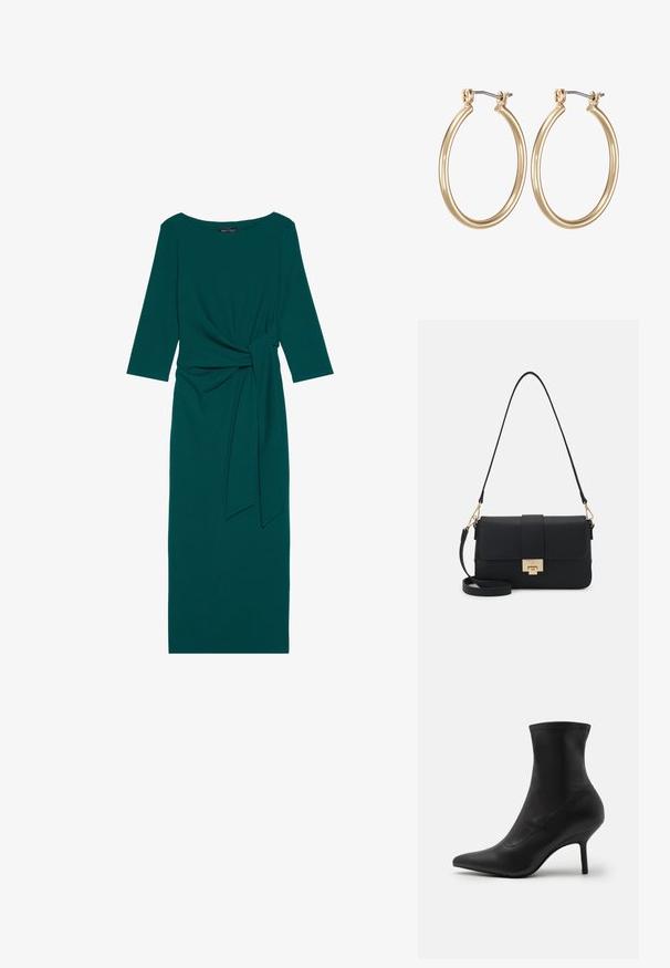 Teal langærmet kjole med rund halsudskæring, sammensamlet talje og bundet bælte detalje. Fremstillet af glat, strækbart stof.; Anna Field by Zalando Støvletter - black; Sort faux læder skuldertaske med rektangulær form, guld hardware, magnetlås og aftagelig rem. Tekstureret overflade.; Guldfarvede metal hoops øreringe med et glat, cirkulært design og en sikret hængsel-lukning. Letvægts med en poleret overflade.