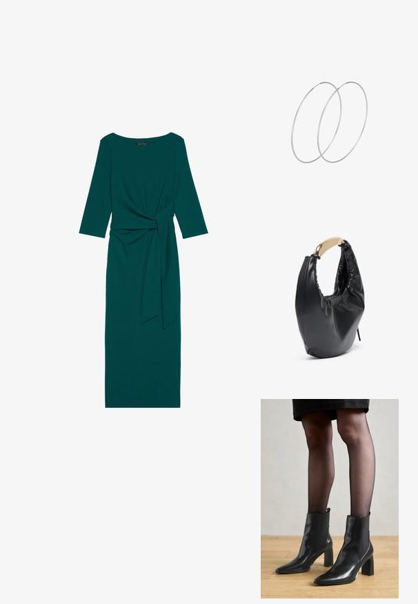 Teal lange mouw jurk met een ronde halslijn, geplooide taille en gestrikt riemdetail. Gemaakt van glad, rekbaar materiaal.; Zwarte leren enkellaarsjes met een spitse neus, stevige vierkante hak en een fraaie uitstraling. Beschikt over elastische zijpanelen voor gemakkelijke aan- en uittrekken.; Zwarte nepleren handtas met een gebogen silhouet. Beschikt over een glanzend gouden handvat en een gegromde textuur langs de bovenopening.; Zilveren hoepel oorbellen met een minimalistisch ontwerp. Cirkelvormig, gladde textuur en dun profiel. Lichtgewicht met een gepolijste afwerking.