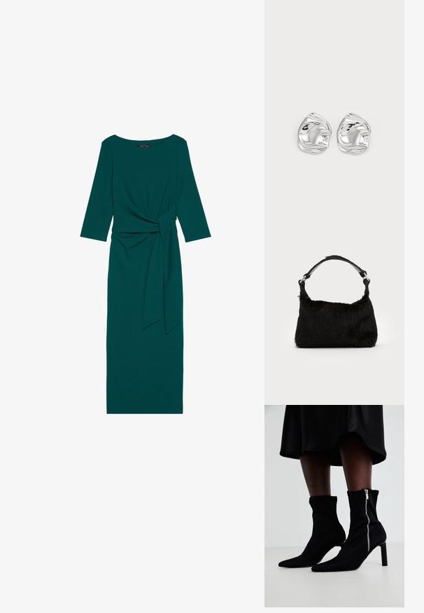 Teal lange mouw jurk met een ronde halslijn, geplooide taille en gestrikt riemdetail. Gemaakt van glad, rekbaar materiaal.; Zwarte enkellaarsjes met een rekbare stoffen bovenkant, een spitse neus en een rits aan de zijkant, geplaatst op een slanke hoge hak.; Zwarte neplederen handtas met een zachte textuur, ronde vorm en een stevige zwartleren schouderband. Zilveren hardwareaccenten zichtbaar.; Zilveren abstracte studs met een gepolijste afwerking, met gladde rondingen en subtiele contouren. Geen zichtbare patronen of accenten.