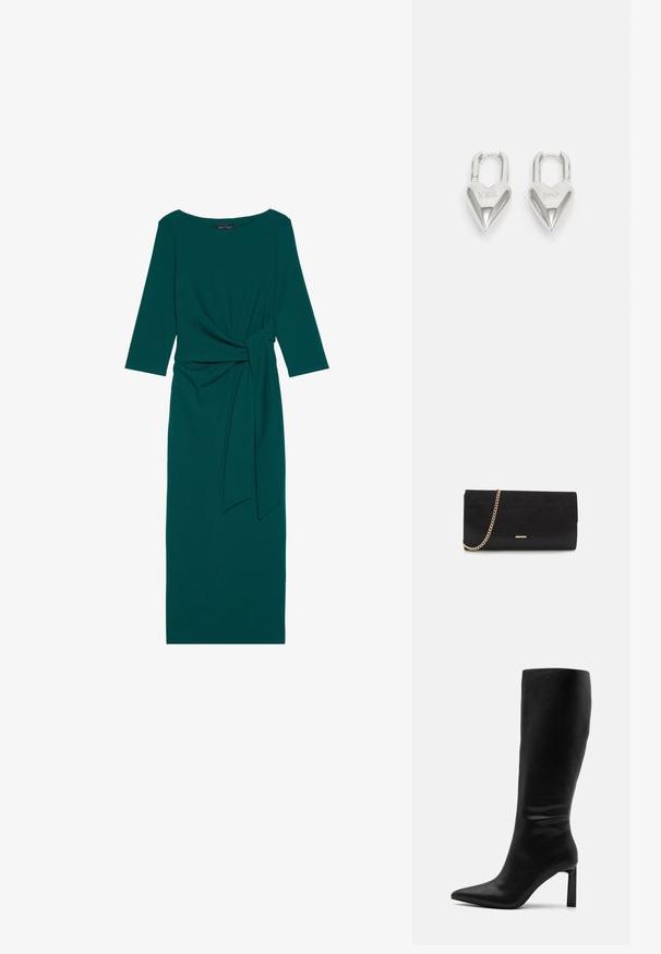 Teal langærmet kjole med rund halsudskæring, sammensamlet talje og bundet bælte detalje. Fremstillet af glat, strækbart stof.; Even&Odd by Zalando Høje støvler/ Støvler - black; Sort clutch taske lavet af ruskind med en struktureret overflade, udstyret med en guld kædestrop og et elegant, kantet design.; Sølv hjerteformede hængelåse med indgraveret "JA" og "NEJ" tekst, poleret finish, symmetrisk design og en robust metalklap.
