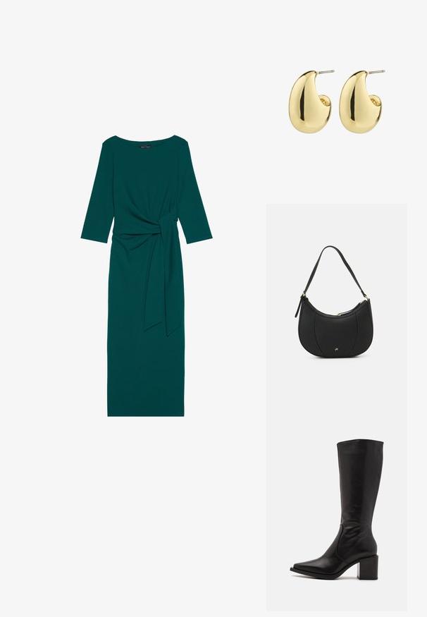 Teal lange mouw jurk met een ronde halslijn, geplooide taille en gestrikt riemdetail. Gemaakt van glad, rekbaar materiaal.; Zign by Zalando LEATHER - Laarzen - black; Zwarte leren handtas met een gebogen vorm, textuuroppervlak, voornaden en een logo in goudkleur. Beschikt over een enkele verstelbare schouderband.; Gouden studs met een gladde, gepolijste afwerking, in een abstracte, druppelvorm. Eenvoudige metalen achterzijde voor bevestiging.