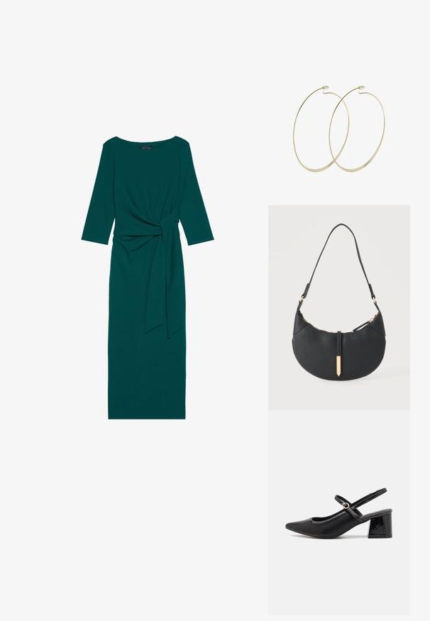 Teal langærmet kjole med rund halsudskæring, sammensamlet talje og bundet bælte detalje. Fremstillet af glat, strækbart stof.; Sorte patentlæder slingback hæle med spids tå, rund udskæring og blokhæl. Har en guldtonet spændeaccents.; Sort håndtaske formet som en halvmåne med en enkelt rem, guld lynlås og en guldfarvet rektangulær dekorativ fane foran.; Pilgrim Øreringe - gold-coloured