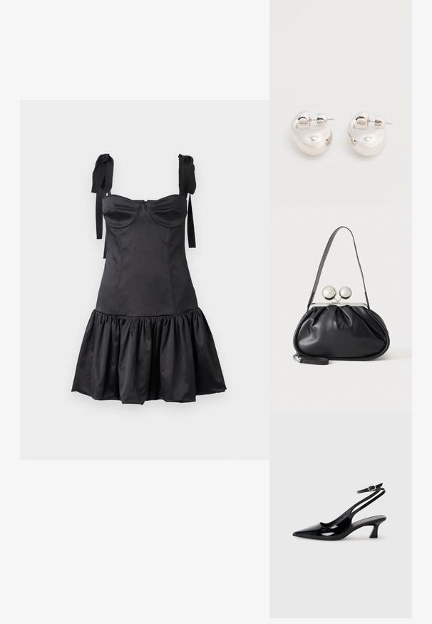 Sort kjole med tætsiddende bodice, hjerteformet halsudskæring, skulderremme og en udfoldet volangkant. Fremstillet af glat stof med en mat finish.; Sorte patenterede læderslingbacks med spidse tæer, lav blokhælt og justerbar ankelrem med guldspænde.; Sort læderhåndtaske med opsamlet design, en enkelt rem, sølv metalramme og to store runde sølv lukninger.; Par af skinnende sølv store øreringe med lukning på bagsiden mod en ensfarvet hvid baggrund.