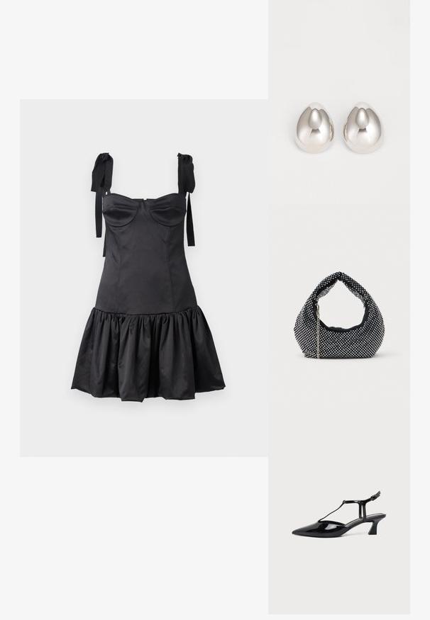Sort kjole med tætsiddende bodice, hjerteformet halsudskæring, skulderremme og en udfoldet volangkant. Fremstillet af glat stof med en mat finish.; Sort laklæder spids tå slingback sko med T-rem og lav skrå blokhæl på hvid baggrund.; Sort mesh håndtaske prydet med sølvnitter, udstyret med et buet håndtag og en kædetraspe. Blød tekstur med en rund form.; Sølv metal øreringe med et glat, afrundet design, der ligner en dråbeform, og har en reflekterende overflade og sømløs finish.