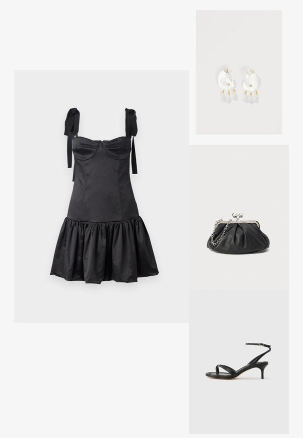 Zwarte jurk met een aansluitende bodice, sweetheart halslijn, schouderbandjes en een uitlopende gerimpelde zoom. Gemaakt van een gladde stof met een matte afwerking.; Zwarte leren dames sandaal met dunne bandjes, een teengreep, een enkelgesp en een stilettohak van gemiddelde hoogte op een neutrale achtergrond.; Zwarte leren clutch met geplooide textuur, zilverkleurig metalen frame, drukknopsluiting en kettingriem. Glad, zacht oppervlak.; Duidelijke hars oorbellen in schelpvorm met kleine gouden accenten en drie hangende doorschijnende druppelvormige bedels aan elk oorbel.