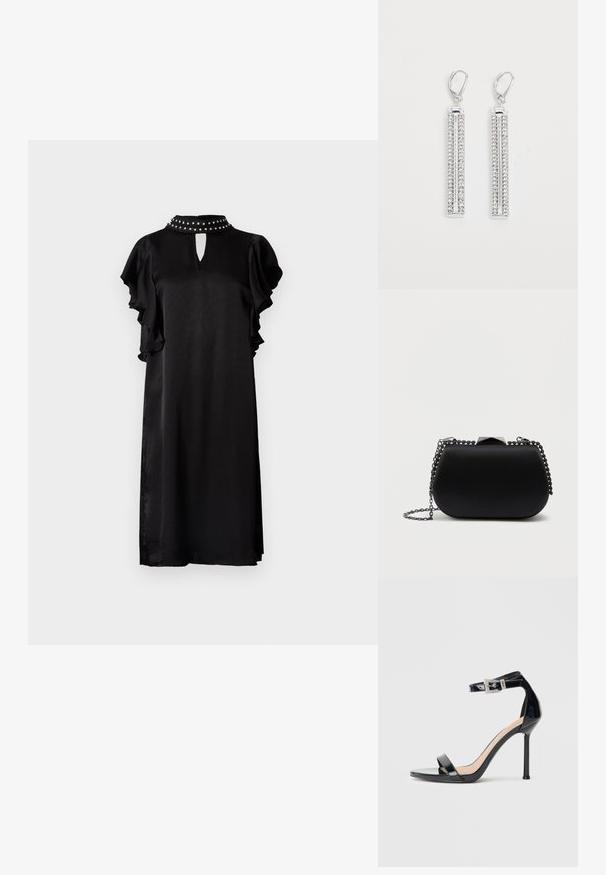Robe en satin noir avec manches courtes à volants, encolure en forme de goutte d'eau et col clouté. Texture lisse, longueur au genou et coupe décontractée.; Sandale à talon haut en cuir verni noir avec bride à la cheville. Présente un design minimaliste, un bout ouvert et une boucle ornée de strass.; Pochette noire avec une finition lisse et mate, forme arrondie et une chaîne en métal argenté. Comprend un détail de fermoir géométrique sur le dessus.; Boucles d'oreilles en argent avec deux barres allongées, chacune sertie de petites pierres en strass transparentes dans un motif linéaire. Fermeture à crochet.
