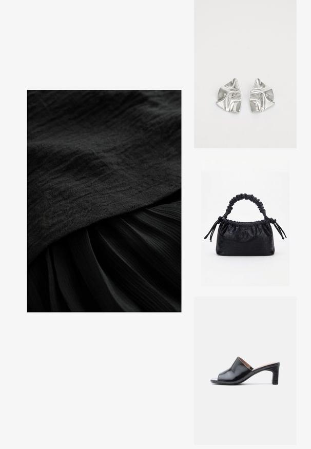 Tissu noir avec une surface texturée, comprenant une couche supérieure lisse et une section inférieure plissée, toutes deux dans une teinte noire profonde et uniforme.; Mules en cuir noir à bout ouvert avec un design courbé, un petit talon carré et une texture lisse. Accents semblables au bois sur le talon.; Sac à main noir avec texture crocodile, bord supérieur froncé, poignée plissée et pompons à cordon de chaque côté sur fond blanc.; Boucles d'oreilles en métal argenté avec un design ondulé et sculptural, présentant une finition polie et des formes irrégulières, mettant en valeur une esthétique contemporaine.
