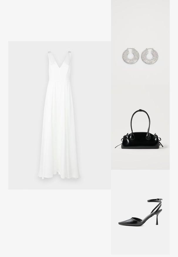 Witte, vloerlange jurk met een V-hals en brede bandjes. Gemaakt van lichte stof, met een vloeiende rok en een minimalistisch ontwerp.; Zwarte pumps met puntige neus, dunne enkelbandjes en een zilveren gesp op een effen lichte achtergrond.; Kleine zwarte glanzende handtas met twee lange hengsels en zijkant trekkoord details op een effen lichte achtergrond.; Zilveren hoepeloorbellen versierd met meerdere heldere kristalaccenten, met een gestructureerd oppervlak en een open cirkelvormig ontwerp.