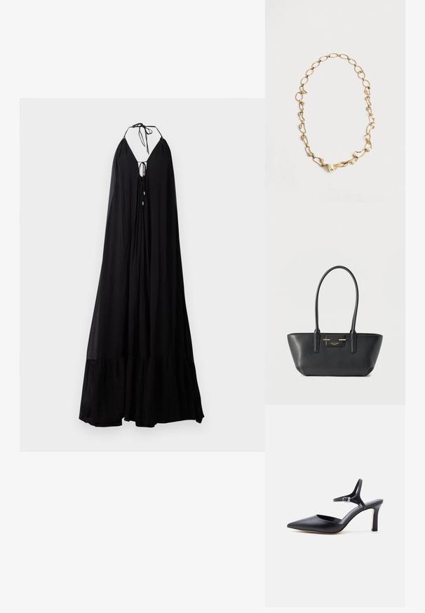 Schwarzes Maxikleid mit Halterneck, tiefem V-Ausschnitt und Bindeschnürung. Es hat eine fließende Silhouette und einen rüschierten Saum. Leichter Stoff.; Schwarzer spitzer High Heel mit dünnem Knöchelriemen und silberner Schnalle, glatte Lederoberfläche, eleganter Damenschuh.; Schwarze rechteckige Handtasche mit langen Griffen, goldenen Beschlägen und einem kleinen vorderen Etikett vor einem schlichten, hellen Hintergrund.; Goldene Halskette mit unregelmäßigen Gliedern und kleinen weißen Perlen, die entlang einer Seite verteilt sind, dargestellt auf einem schlichten hellen Hintergrund.