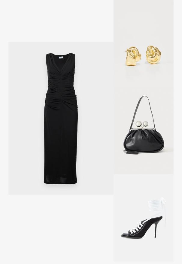 Robe noire sans manches avec un décolleté en V, un corsage froncé et une silhouette maxi droite mettant en valeur un tissu lisse et extensible.; Sandale noire à talon haut avec bout ouvert, lacets blancs à l'avant et longues liens blancs noués autour de la cheville sur un fond uni.; Sac à main en cuir noir avec un design plissé, une sangle unique, un cadre métallique argenté et deux grandes fermoirs ronds en argent.; Boucles d'oreilles en métal doré avec un design sculptural et tordu. Surface lisse et brillante avec une forme arrondie et sans embellissements visibles.