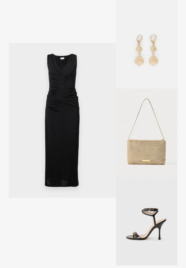 Vestido negro sin mangas con escote en V, corpiño fruncido y una silueta maxi recta que muestra una tela suave y elástica.; Sandalia de tacón alto de charol negro con tira delgada en el tobillo y hebilla, punta abierta y tacón aguja esbelto sobre fondo blanco.; Bolso clutch dorado de forma rectangular, cubierto de brillantes pedrería plateada. Cuenta con una delgada correa metálica para el hombro y cierre de cremallera.; Marchesa FILIGREE DROP - Pendientes - gold-coloured