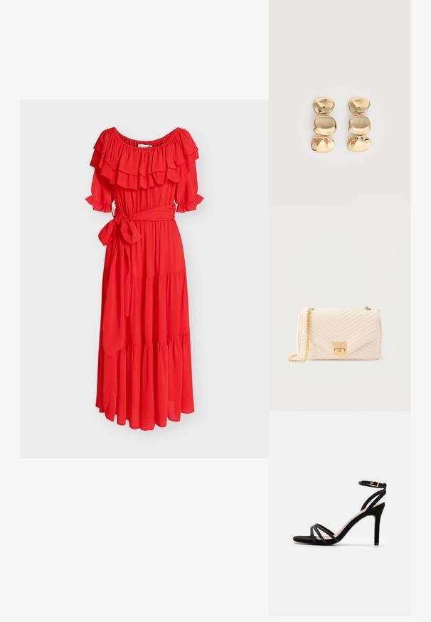 Robe midi rouge à épaules dénudées avec encolure à volants, manches bouffantes, jupe à volants superposés et ceinture nouée à la taille.; Anna Field by Zalando Sandales - black; Sac à main en cuir matelassé couleur crème avec une sangle à chaîne dorée et un fermoir rectangulaire doré sur un fond uni.; Boucles d’oreilles pendantes ton or avec trois segments irréguliers, lisses et arrondis empilés verticalement sur un fond clair uni.