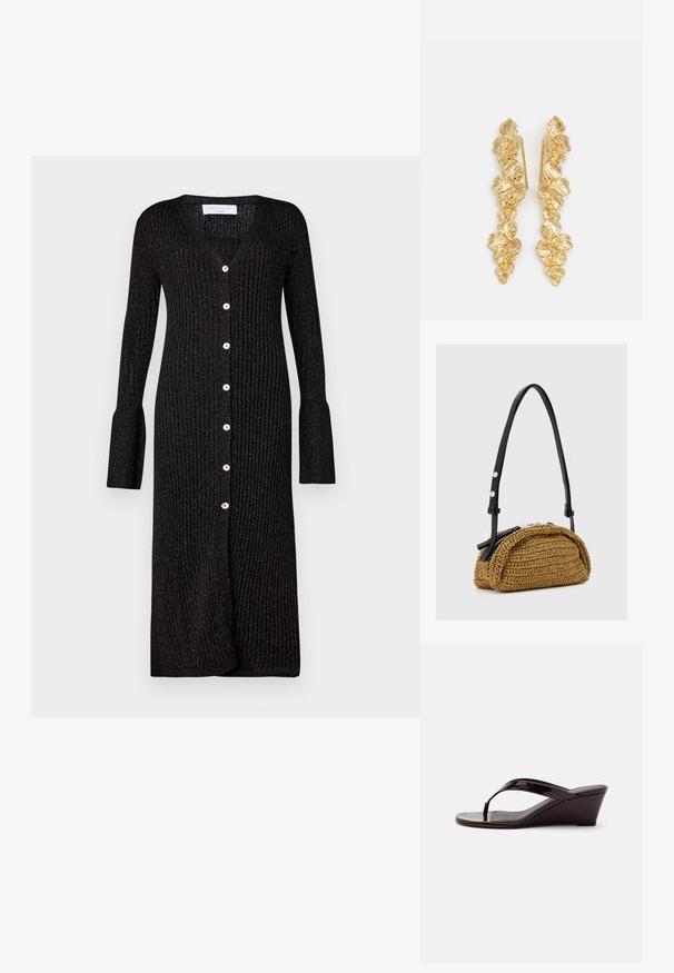 Sort ribbet strikket cardigan med lange ærmer, v-hals og knaplukning foran. Har flagrende ærmekanter og subtil glans.; Brun patentlæder kile-sandal med tåremme og åben tå, vist i sideprofil på en ensfarvet baggrund.; Lille tan vævet håndtaske med buet form, sort justerbar læderstrop og sølv lynlåslukning.; Guldøreringe designet som kaskader af blade, med detaljerede bladmønstre og en skinnende metallisk finish. Letvægts med en delikat struktur.