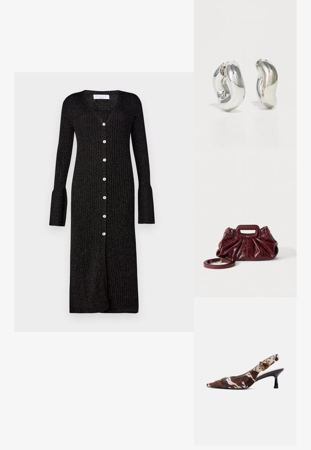 Cardigan en tricot noir à côtes avec des manches longues, un décolleté en V et des boutons sur le devant. Présente des poignets de manche évasés et un léger éclat.; Chaussure à talon kitten slingback avec imprimé vache brun et blanc, bout pointu, bride noire sur le devant, et détail de boucle dorée sur la bride de la cheville.; Petit sac à main en cuir rouge foncé avec texture froncée, poignée rectangulaire découpée pour la main et bandoulière détachable sur fond blanc.; Boucles d'oreilles sculpturales en argent avec des formes douces et courbes et des surfaces réfléchissantes. Présentent un design de boucle fermée et une forme organique distincte.