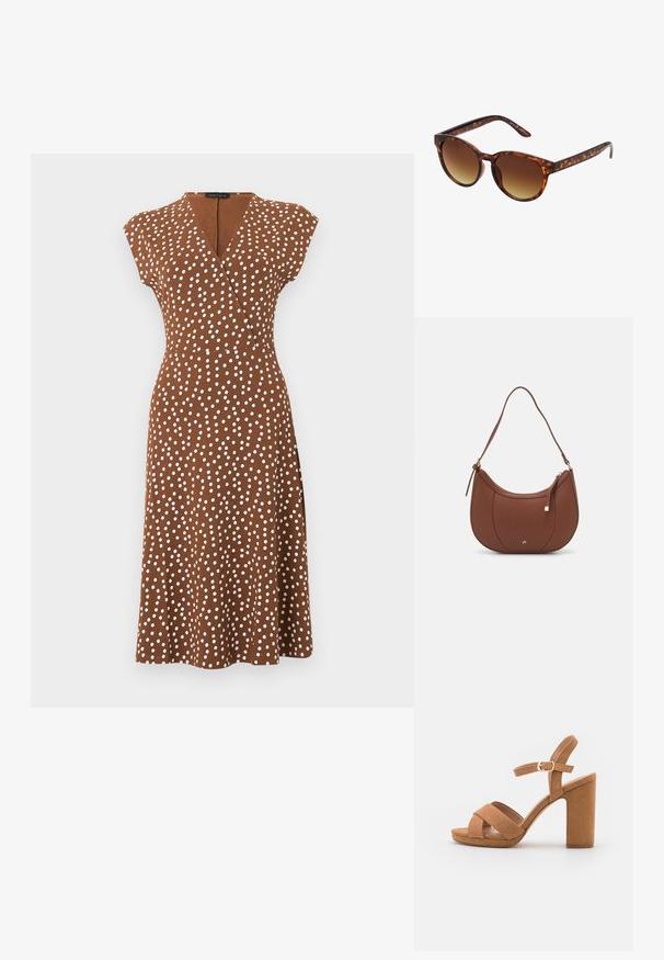 Robe midi marron à pois blancs, style portefeuille col en V, manches courtes, taille cintrée, présentée sur un fond uni.; Sandale à talon haut en daim tan avec un large talon bloc, des brides croisées et une sangle de cheville réglable avec un petit détail de boucle.; Lunettes de soleil écaille de tortue avec une forme vintage œil de chat, verres dégradés marron et finition lisse et brillante sur les montures et les branches.; Sac à épaule en faux cuir brun, de forme arrondie, avec des coutures minimales et un accent en matériel doré. Il possède une fermeture zippée sur le dessus et une sangle réglable.