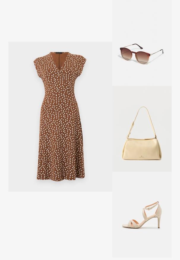 Robe midi marron à pois blancs, style portefeuille col en V, manches courtes, taille cintrée, présentée sur un fond uni.; Sandale à talons hauts en suède beige avec un bout ouvert, design de sangle croisée et bride de cheville avec une boucle dorée.; Lunettes de soleil rondes avec des verres dégradés marron, une monture en acétate écaille de tortue, et des accents en métal doré sur le pont et les branches.; Sac bandoulière rectangulaire beige avec sangle réglable et fermeture éclair, comportant un petit logo "Anna Field" au centre avant.