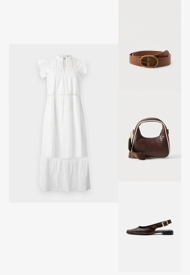 Witte katoenen jurk met korte gerimpelde mouwen, een hoge hals en kanten details. De jurk heeft een geraffineerde taille en een gelaagde zoom.; Donkerbruine leren slingback platte schoen met een vierkante neus, krokodillenstructuur en zilveren gesp op de band.; Bruine geweven leren handtas met witte bies, gouden ritssluiting en afneembare bruine stoffen schouderriem.; Bruine leren riem opgerold met een ovale koperen gesp, weergegeven op een effen witte achtergrond.