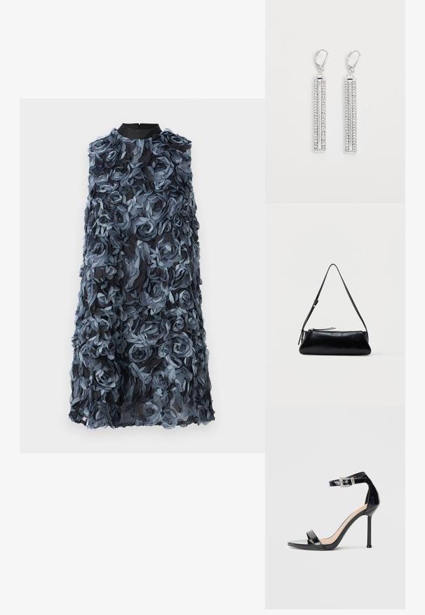 Bruuns Bazaar CLARKIAS CHI DRESS - Kokteilikleit/peokleit - blue; Mustast lakknahast kõrge kontsaga sandaal, millel on pahkluu rihm. Oman minimalistlikku disaini, avatud varvaste ja litritega kaunistatud pandlaga.; Mustast nahast õlakott õhukese reguleeritava rihmaga, tõmblukuga sulgemine ja väike metallist "GUESS" logo esiküljel keskelt.; Hõbedased kõrvarõngad kahe piklikus baariga, kummaski on rida väikeseid selgeid rhinestones. Klappkinnitus.