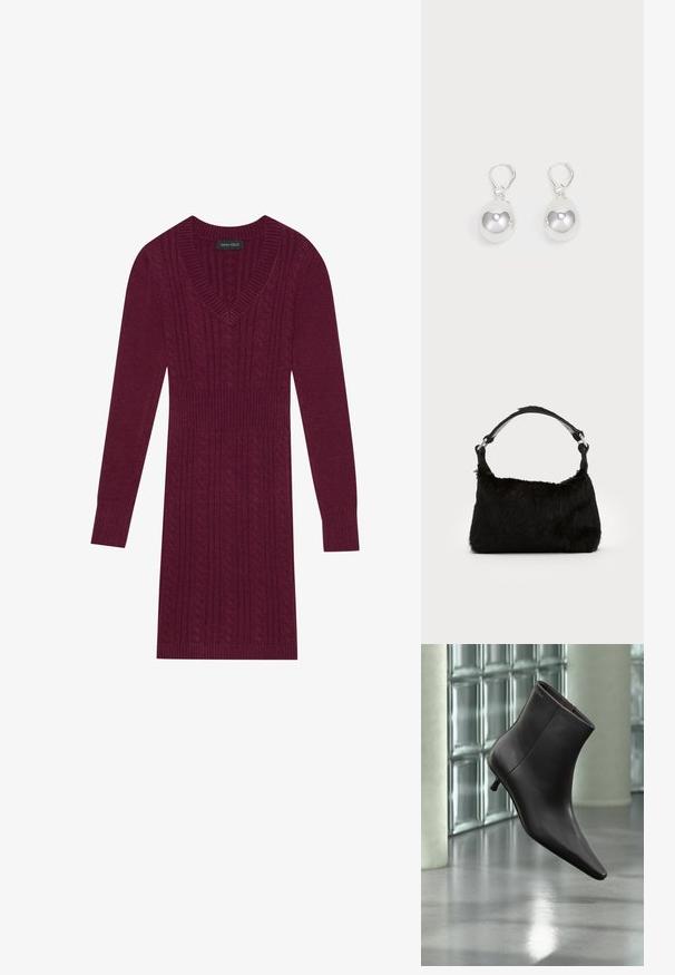 Vestido de punto granate con escote en V, mangas largas, puños acanalados y un patrón de punto trenzado en toda la prenda. Diseño ceñido en la cintura.; Bota de cuero negro para el tobillo con puntera puntiaguda y tacón pequeño, exhibida frente a una pared de bloques de vidrio y un suelo pulido.; Bolso de mano de piel sintética negra con una textura suave, forma redondeada y una resistente correa de cuero negro para el hombro. Acentos de herrajes plateados visibles.; Pendientes de plata en forma de gota con superficies redondas y reflectantes colgando de cierres de palanca. El fondo es blanco liso.